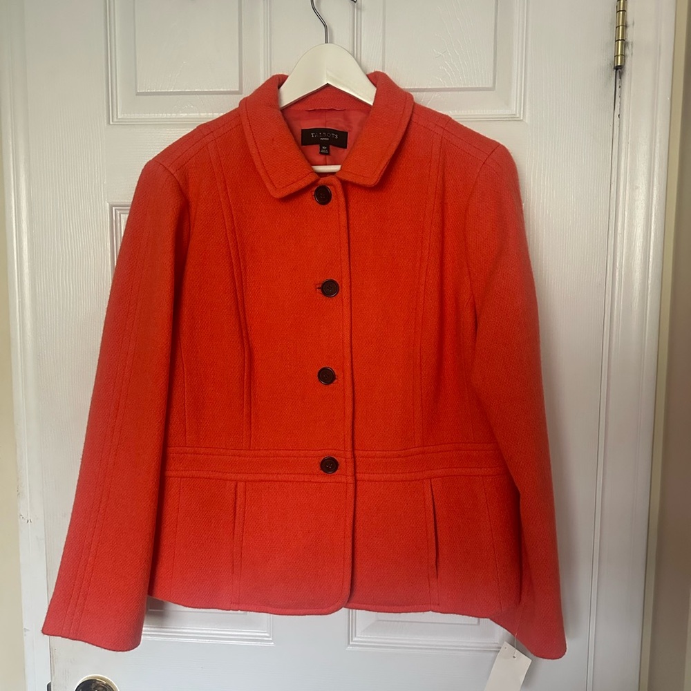 Talbots Orange Button-Up Wool Blend Pea Coat Size 16 Petites NEW